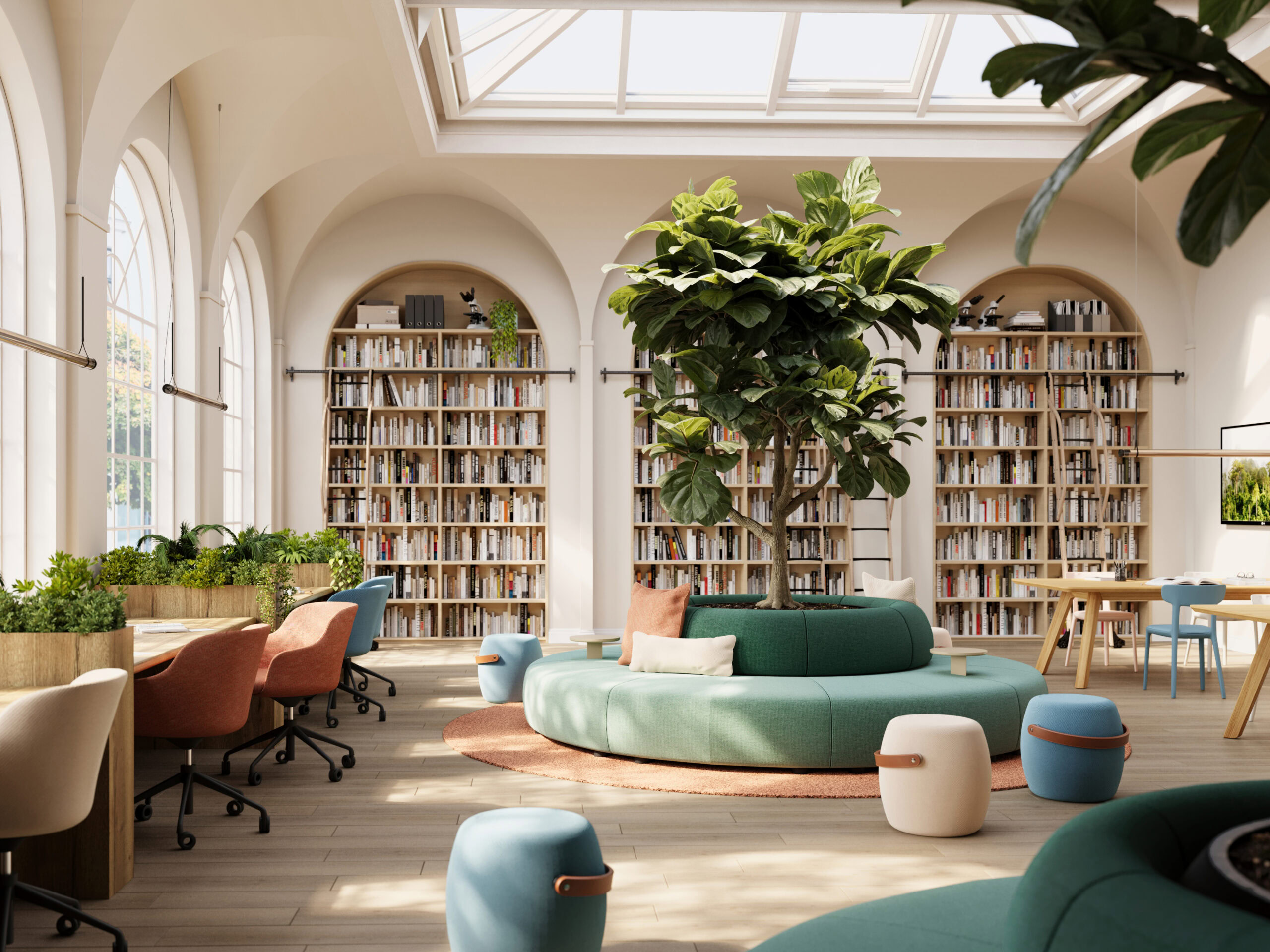 Curved seating and arched architectural details in a modern interior
